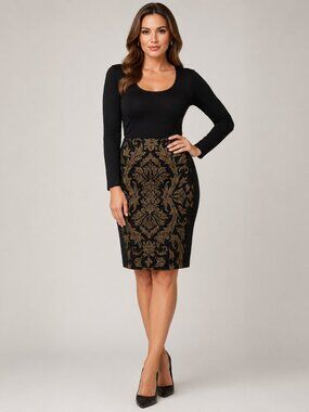 Alfani Woman 22W Black Gold Baroque Floral Jacquard Pencil Skirt Plus Size